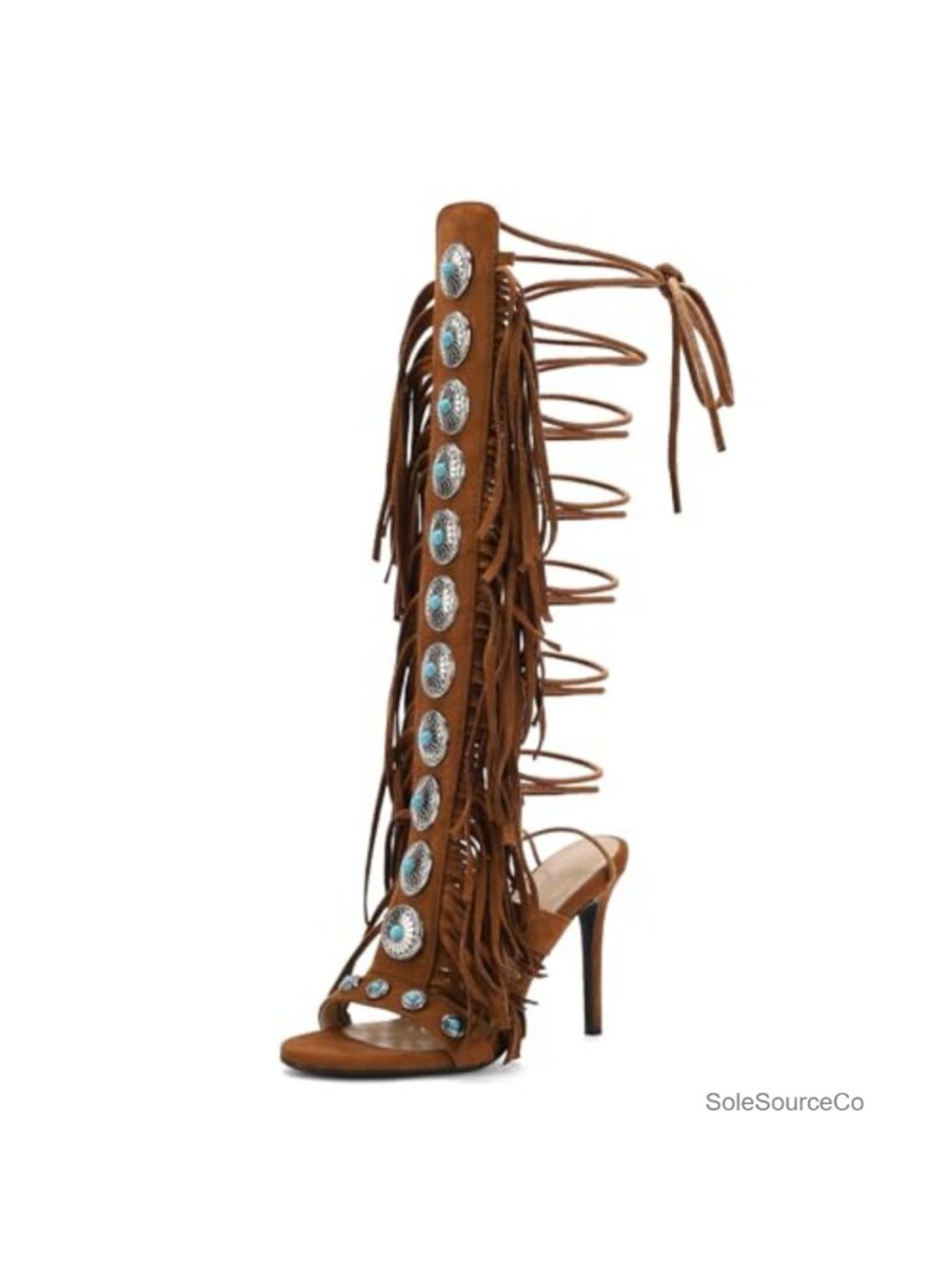 Gladiator Fringe Suede Knee High Heels Open Toe Stiletto Strappy Lace Up Sandal